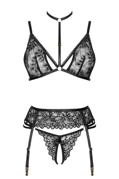 Beauty Night Noemi Set Black – czarny komplet: koronka + pas do pończoch