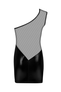 Loreen Dress – czarna, lakierowana mini à la latex z siateczkowymi wstawkami. Precyzyjne wycięcia modelują sylwetkę, elastyczny materiał wygodnie przylega. W zestawie stringi. Idealna na randkę, imprezę i wyjątkowe wieczory.