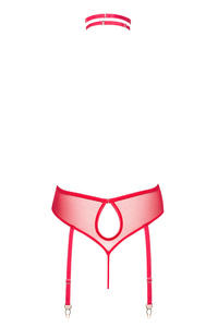 Body Adelaide Teddy w kolorze cherry z głębokim wycięciem, koronką i elastyczną tkaniną. Pasek z połyskiem podkreśla talię. W zestawie choker. Pudełko z hologramem + woreczek. Rozmiary: S/M, L/XL.