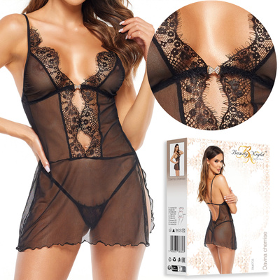 Beauty Night Davina Chemise – czarna halka z koronką i tiulem