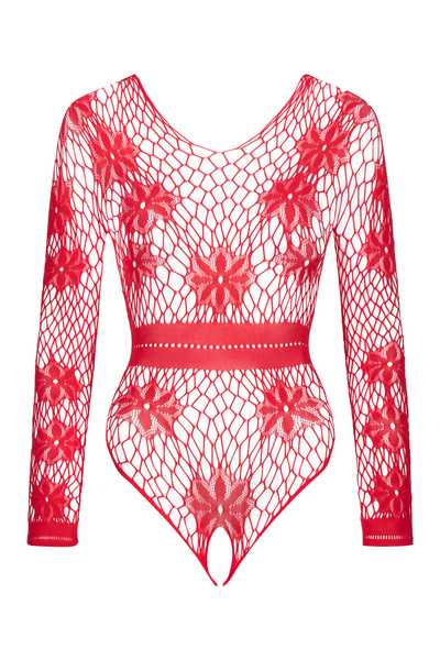 Beauty Night Regina Red – czerwone body z siateczki w kwiaty