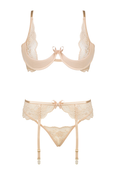 Beauty Night Rose Set Nude – cielisty koronkowy komplet z pasem