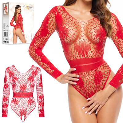 Beauty Night Regina Red – czerwone body z siateczki w kwiaty