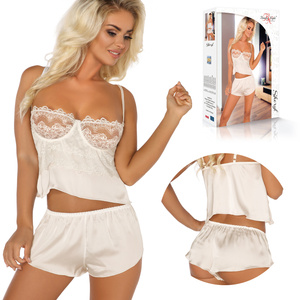 Beauty Night Sheryl Set Ecru – satynowa koszulka z fiszbinami + szorty