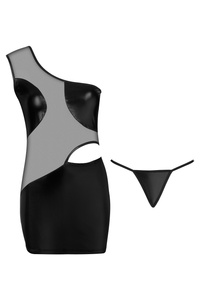Loreen Dress – czarna, lakierowana mini à la latex z siateczkowymi wstawkami. Precyzyjne wycięcia modelują sylwetkę, elastyczny materiał wygodnie przylega. W zestawie stringi. Idealna na randkę, imprezę i wyjątkowe wieczory.