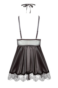 Zestaw Eve Chemise Black: satynowa koszulka z koronką i regulowanymi ramiączkami, dopasowane stringi oraz koronkowa maska. Pudełkowe opakowanie producenta.