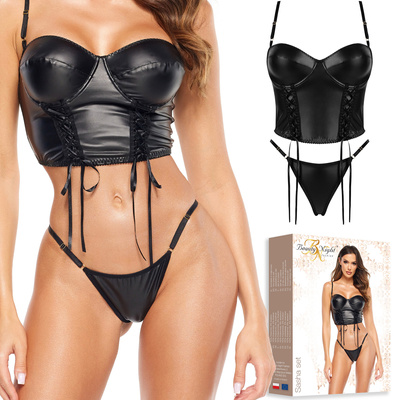 Beauty Night Sasha – komplet z ekoskóry, gorset + stringi